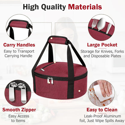 Round Insulated Casserole Carrier – 12" Portable Pie Carrier Bag for Hot or Cold Food, Leakproof Thermal Lunch Tote with Handle for Parties Picnic & Travel - Grey