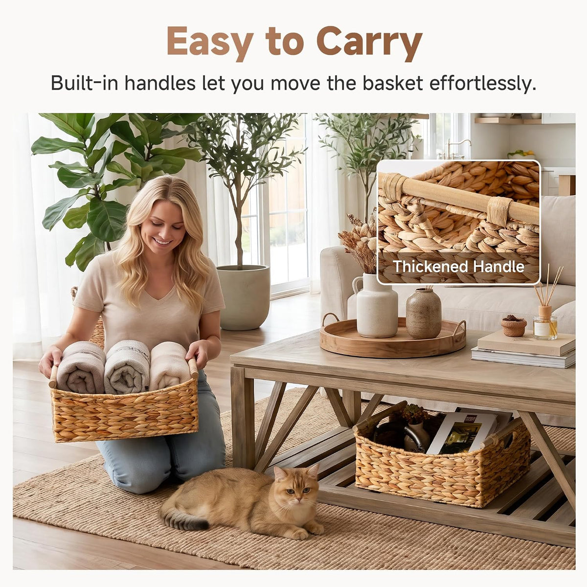StorageWorks Wicker Baskets for Organizing, Water Hyacinth Storage Baskets with Handles, Woven Baskets for Pantry Storage, 13" x 8¼" x 7", 2-Pack