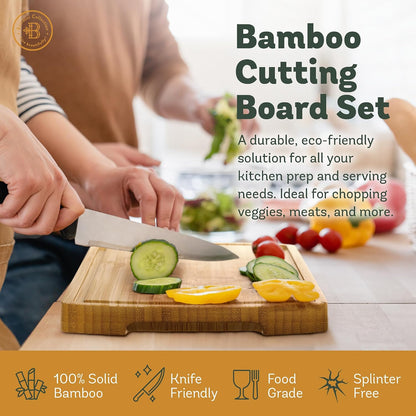 Bamboo Cutting Board Set of 4, Large Cutting Boards for Kitchen, Wood Cutting Board with Juice Groove Side Handles, Wooden Cutting Board for Kitchen, Meat Chopping Board Meal Prep, Serving Charcuterie