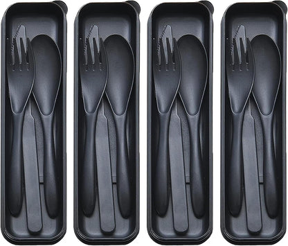 Reusable Travel Utensils Set with Case, 4 Sets Wheat Straw Portable Plastic Fork Spoons Knife Cutlery, Camping Eco-Friendly BPA Free Tableware for Kids Adults Work Picnic or Daily Use (Colorful)