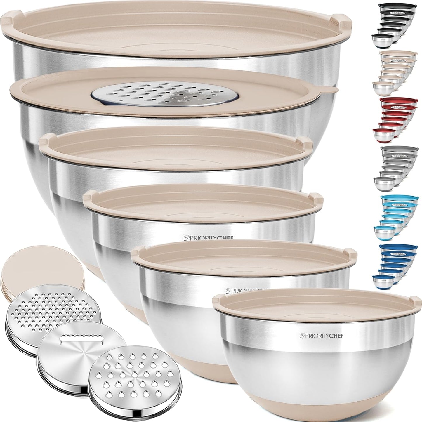 Priority Chef 6Pc Large Mixing Bowls With Lids Set with Non-Slip Bases, Stainless Steel Mixing Bowl Set, 6 Airtight Lids and 3 Graters, Grey