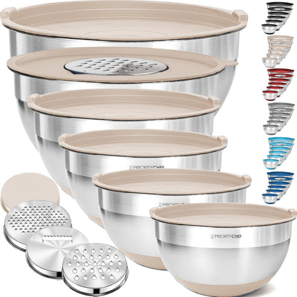 Priority Chef 6Pc Large Mixing Bowls With Lids Set with Non-Slip Bases, Stainless Steel Mixing Bowl Set, 6 Airtight Lids and 3 Graters, Grey