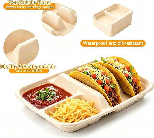 Disposable Taco Plates for 2 Tacos & 2 Sides – 25 PACK | Premium Paper Plates with Dividers, Fiesta Taco Holder, Taco Stand for Tuesday & Bar Serving Set