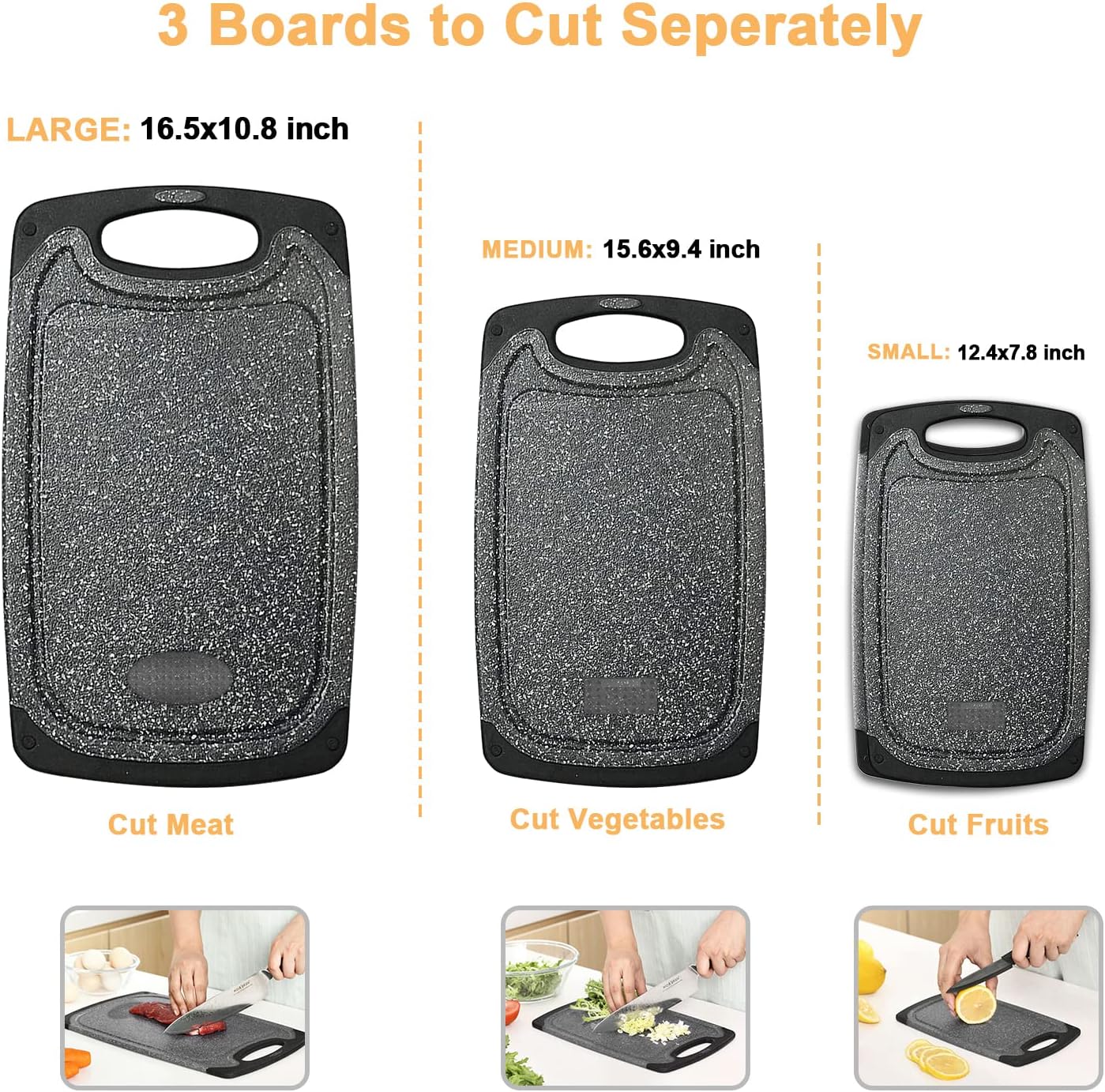 Viretang Plastic Cutting Boards Set of 3 Extra Large for Kitchen, Thick Chopping Board with Deep Juice Grooves, Non‑Slip Feet, Easy Grip Handle, BPA Free, Dishwasher Safe,Black