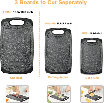 Viretang Plastic Cutting Boards Set of 3 Extra Large for Kitchen, Thick Chopping Board with Deep Juice Grooves, Non‑Slip Feet, Easy Grip Handle, BPA Free, Dishwasher Safe,Black