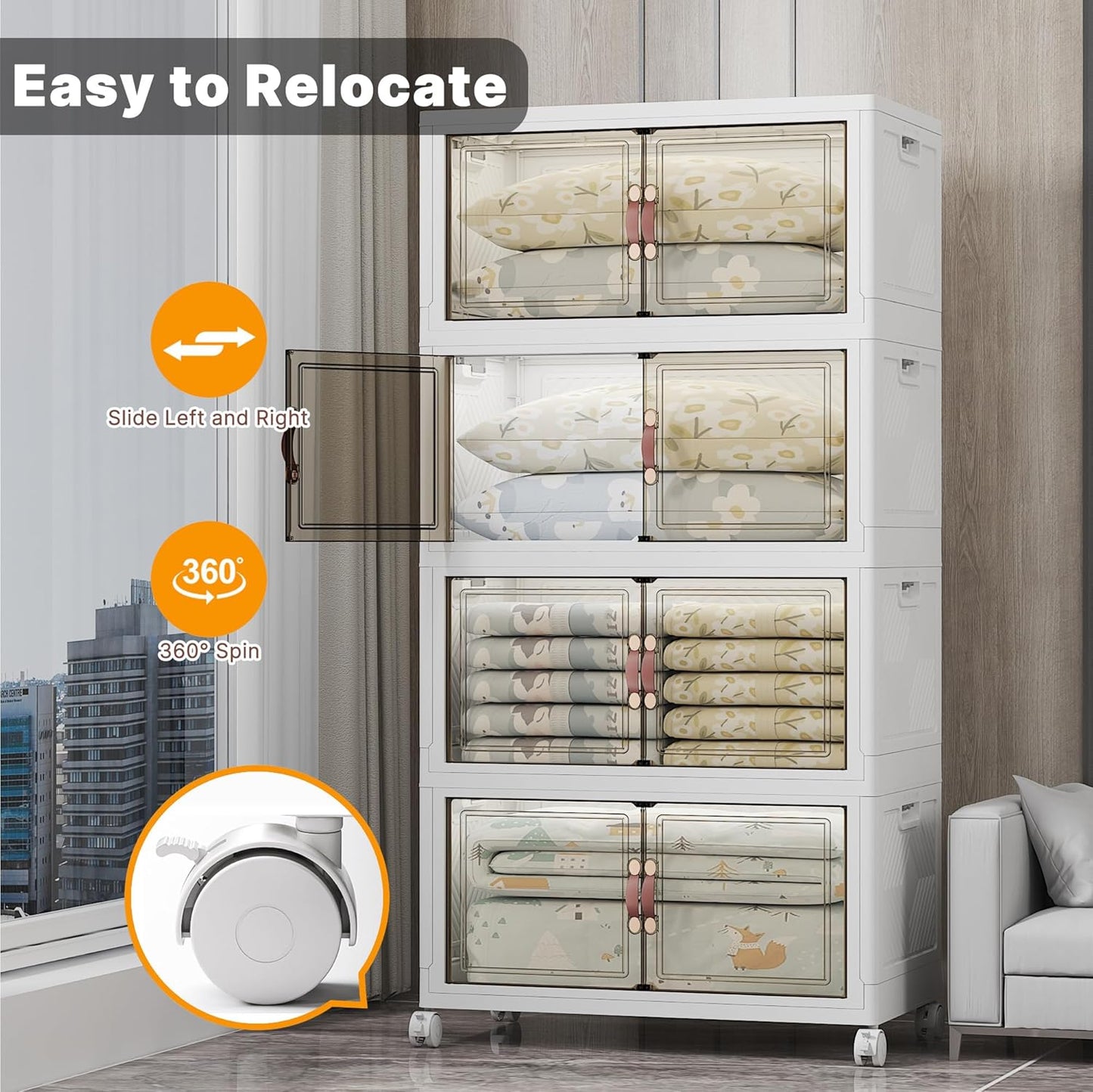 UAMFURI 720QT Stackable Storage Bins with Lids, Extra Large Storage Cabinet with Doors and Wheels, Collapsible Plastic Storage Box for Bedroom Dorm Office Garage