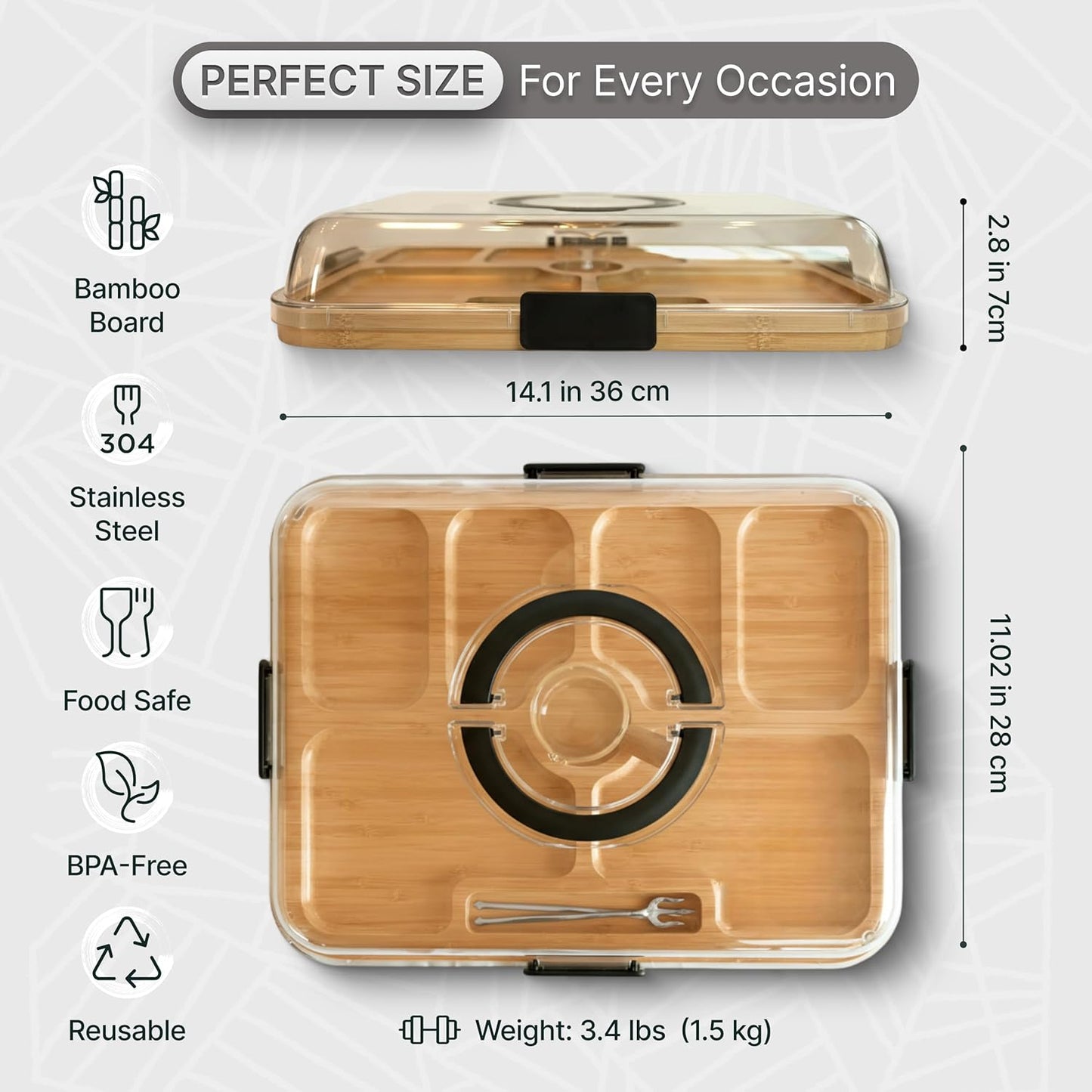 Charcuterie Board with Lid and Handles, 2-in-1 Bamboo Cutting and Serving Tray, Stylish Glass Bowl, 4 Stainless Steel Forks, Storage Bag, Silicone Stoppers, Housewarming Gift