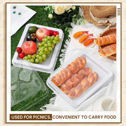 Tessco 12 Pcs Plastic Serving Trays with Lids Disposable Catering Trays 12.4 x 9.45 x 2.76 Inch Reusable Plastic Party Platters Charcuterie Board Box with Lids for Cookie Sandwich Christmas(Black)