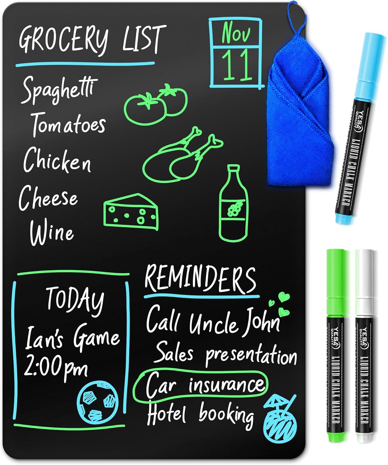 Magnetic Black Dry Erase Board for Fridge (12 x 8 inch), Stain-Resistant w/ 3 Magnetic, Fine-Tip Neon Chalk Markers & Eraser by Yes4Quality