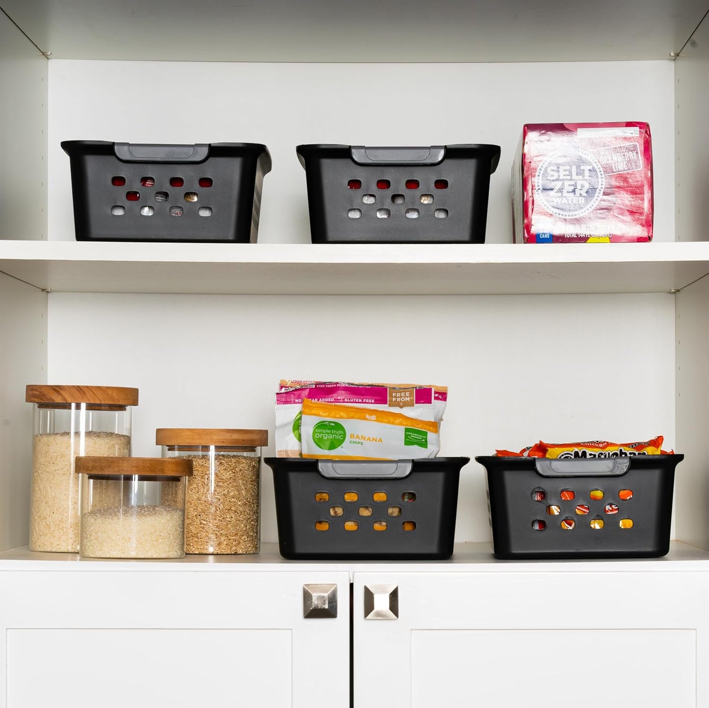 IRIS USA Plastic Storage Baskets, 6-Pack, Made in USA, Shelf Baskets Small Baskets Organizing Bins for Pantry Countertops Closet Shelves Laundry Room Office, Multi-Purpose, Nestable, Easy Carry, Black