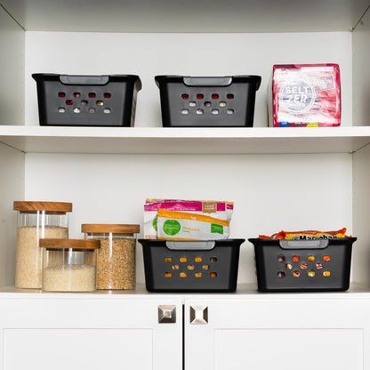 IRIS USA Plastic Storage Baskets, 6-Pack, Made in USA, Shelf Baskets Small Baskets Organizing Bins for Pantry Countertops Closet Shelves Laundry Room Office, Multi-Purpose, Nestable, Easy Carry, Black