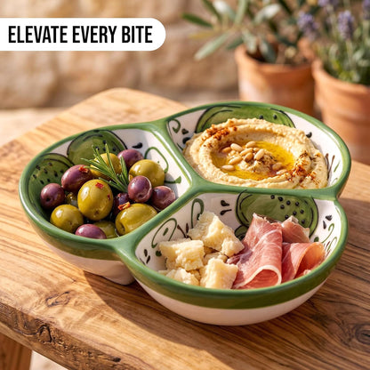 Ceramic Chip & Dip Bowl 7.5”, 3-Compartment Divided Serving Dish & Condiment Tray for Appetizers – Handmade in Spain, Lead-Free Glaze, Microwave, Oven & Dishwasher Safe