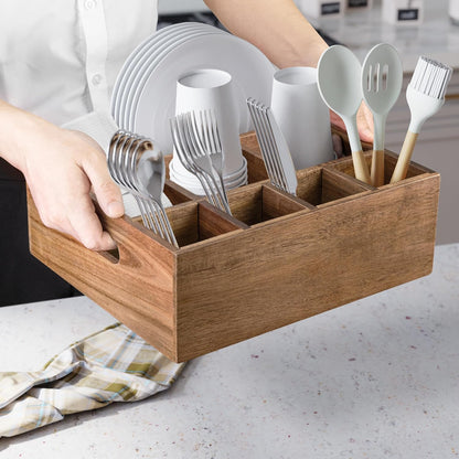 VaeFae Acacia Silverware Caddy with Handle, Wooden Utensil Holder, Mulip-pose Organizer for Kitchen, Office, Bathroom, Bedroom