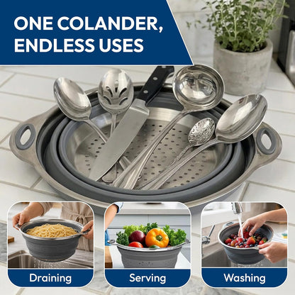 Collapsible Silicone & Steel Colander, Strainer, Large, Gray