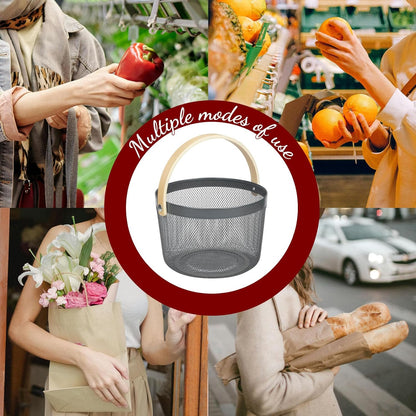 IBWell Bucket-Shape Metal Wire Woven Fruit Storage Bowl Basket with Wooden Handle, Large Black Mesh Fruit Stand, Multi-function Hanging Kitchen Baskets (Blue Grey)