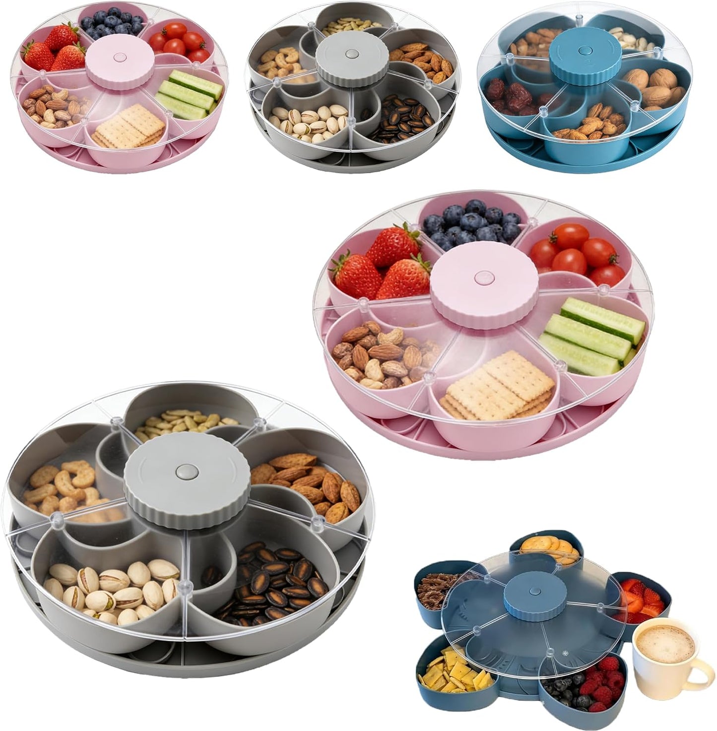 Divided Serving Tray that Spins – Perfect for Snacks, Dips & Party Appetizers with Lid, 5-Compartment Lazy Susan Organizer, Portable Veggie Platter for Party|Travel|Picnic (Blue)