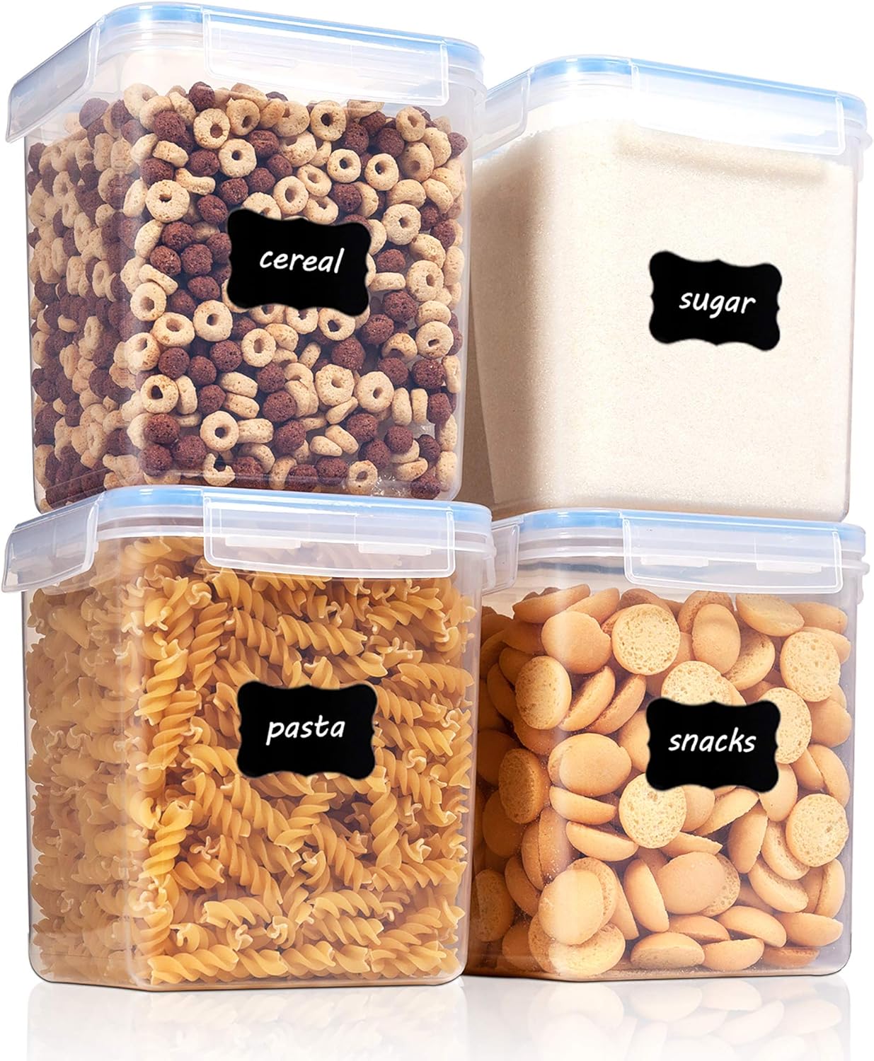 Vtopmart 4 PCS Large Food Storage Containers 5.2L / 175oz, 4 Pieces BPA Free Plastic Airtight Canisters for Flour, Sugar, Baking Supplies, Rice with Lids, 4 Measuring Cups and 24 Labels, Black