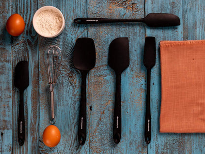 KITCHENLOVE Premium 600°F Heat Resistant 5 Piece Silicone Spatula Set for Baking, Cooking, Mixing - Non-Stick with High Grade S-Iron Steel Core - One Piece Seamless Design - BPA Free (Black)