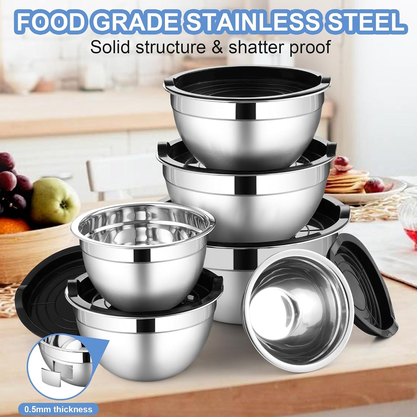 LIANYU Stainless Steel Mixing Bowls Sets of 6, Large 7, 3.5, 2.5, 2, 1.5, 1QT Size with Transparent Airtight Lids, Metal Nesting Serving Bowl Sets for Home Kitchen, Dishwasher & Freezer Safe, Black