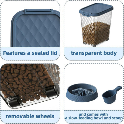 Airtight Dog Food Storage Container 30 lb with Attachable Wheels, Clear Pet Food Sorage Containers with Scoop & Slow-Feeding Bowl, Easy to Move Clean Refill, Fit for Dog Cat Bird Food