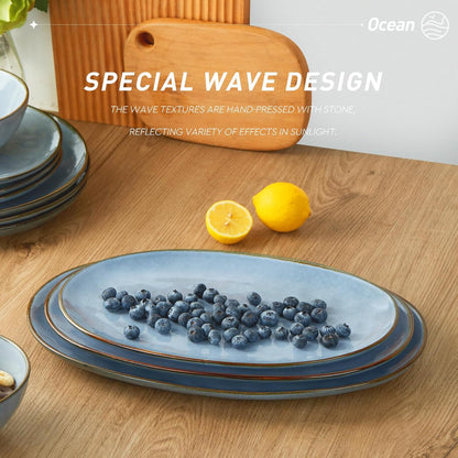 famiware Serving Platter, Oval 15.59/14.3/12.9inch Serving Dishes for Entertaining, Serving Bowls, Microwave Safe, Stoneware Serving Trays for Party, Food, Turkey, Cheese, Ocean Series, Vanilla White