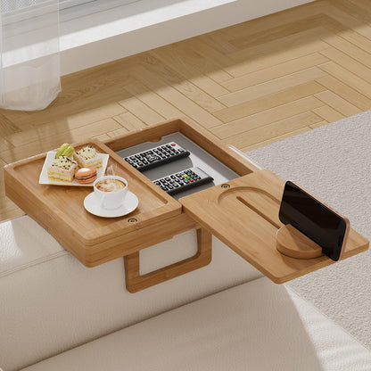 Bamboo Couch Arm Tray, 2 Rotating Trays with 360° Phone Holder & Storage Box, Natural Adjustable Clip On Sofa Table for Snacks, Drinks, Fits Wide Armrests (Up to 10")