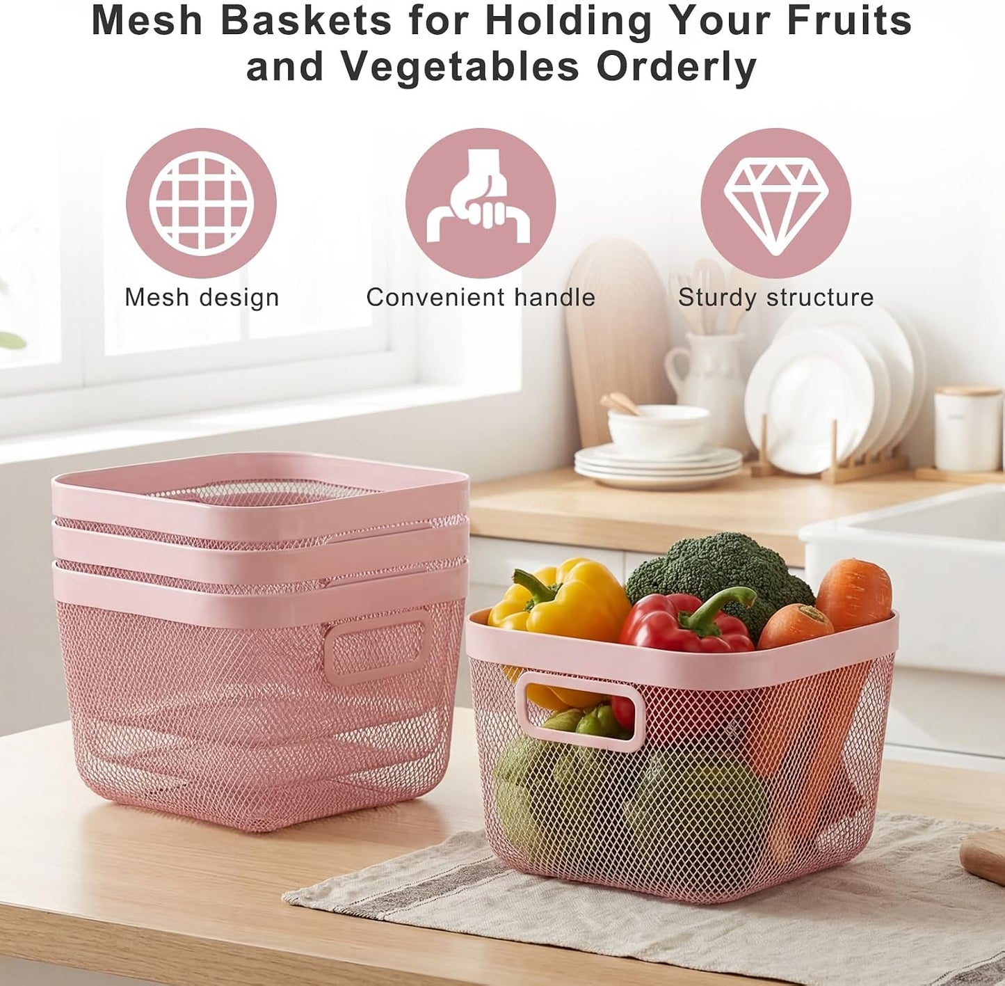 MorningRo 6 Pack Metal Mesh Basket with Hollow Handles Black Wire Storage Bin for Organizing Stackable Metal Fine Mesh Basket for Pantry Bathroom Kitchen Cabinets Shelves (Medium)