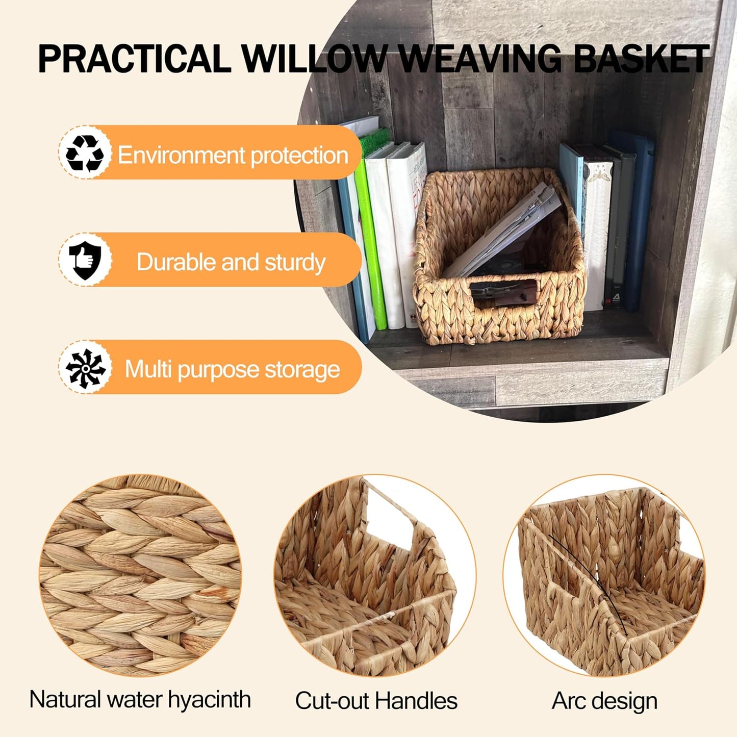 Pantry Baskets for Organizing, Wicker Basket with Built-in Handles, Handwoven Wicker Storage Baskets, Natural Water Hyacinth Storage Baskets,for Bedroom Shelves Bathroom Laundry Room or Kitchen(1PACK)
