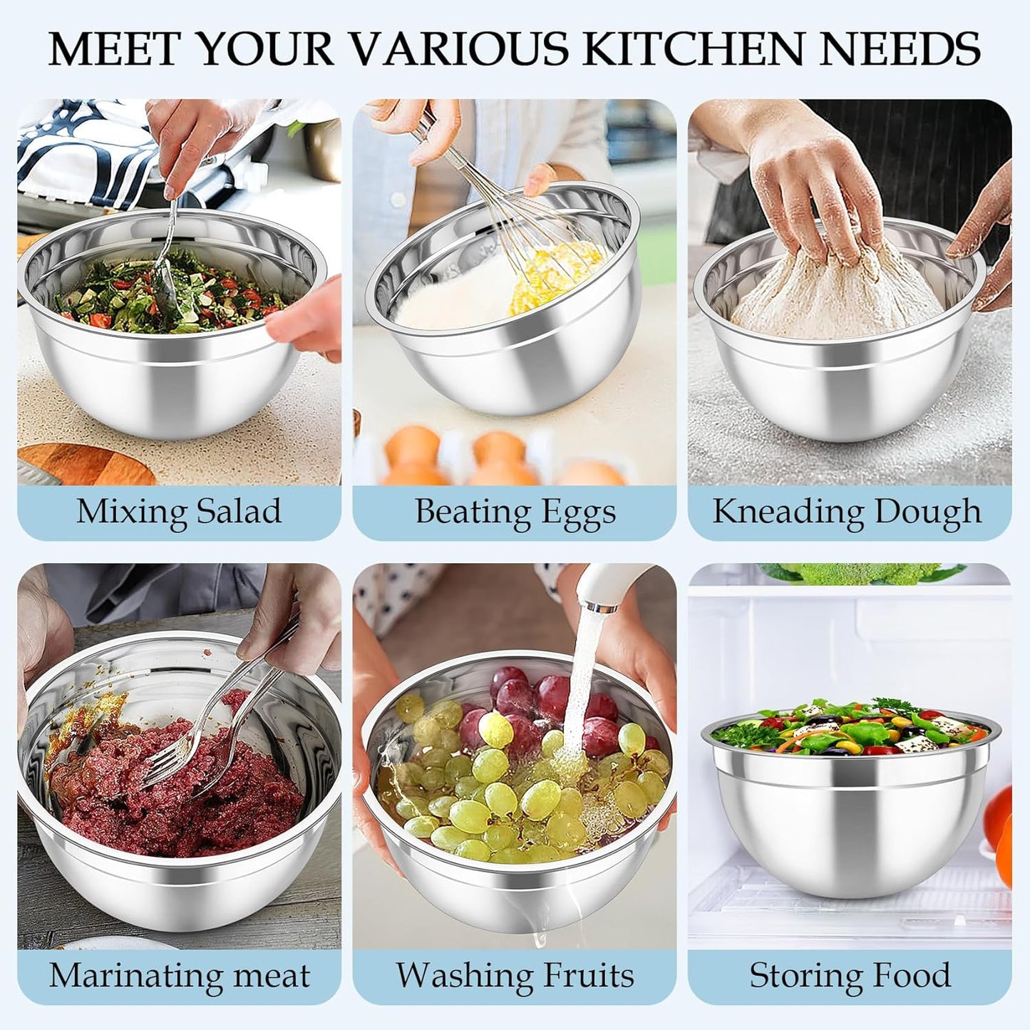 TeamFar Mixing Bowls, Stainless Steel Nesting Salad Bowls with Lids Set of 3 & 3 Grater Attachments, For Mixing/Serving/Storing, Non-toxic & Long-lasting, Size 4.6/3 / 1.5 QT, Black