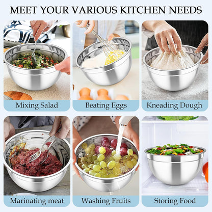 TeamFar Mixing Bowls, Stainless Steel Nesting Salad Bowls with Lids Set of 3 & 3 Grater Attachments, For Mixing/Serving/Storing, Non-toxic & Long-lasting, Size 4.6/3 / 1.5 QT, Black