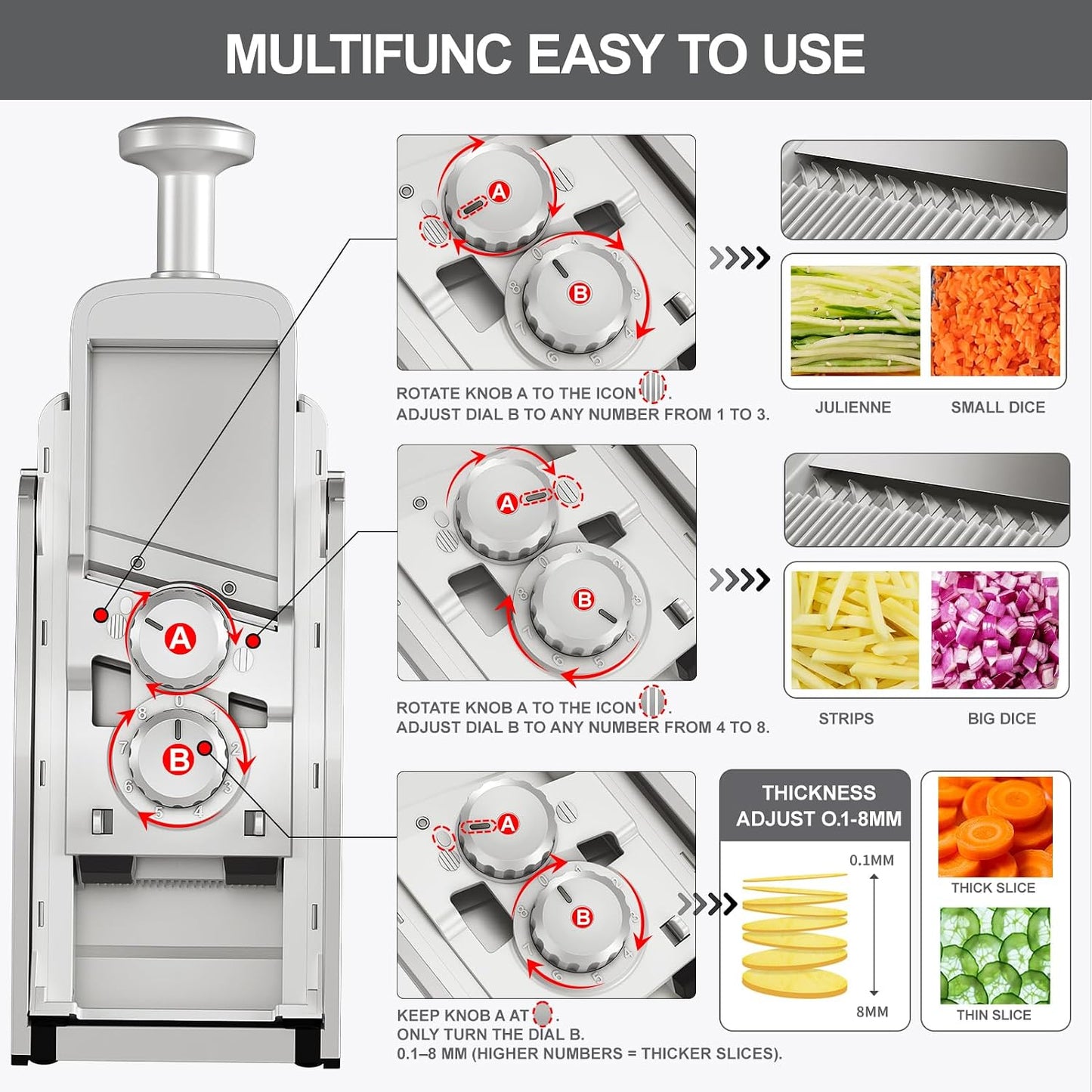 8 in 1 Mandoline Slicer for Kitchen, Vegetable Chopper, Potato Slicer, Fry Cutter Onion Chopper with Drain Basket Food Container with Lid, Stainless Steel Cheese Grater for Quick Meal Pre (Black)
