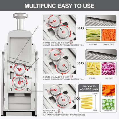 8 in 1 Mandoline Slicer for Kitchen, Vegetable Chopper, Potato Slicer, Fry Cutter Onion Chopper with Drain Basket Food Container with Lid, Stainless Steel Cheese Grater for Quick Meal Pre (Black)