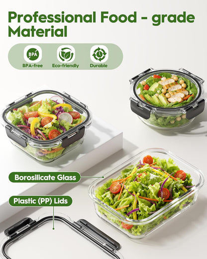 Canfanni 40 Piece Glass Food Storage Containers with Lids, Borosilicate Meal Prep Containers, BPA-Free, Stackable, Airtight Leak-Proof, Microwave, Dishwasher, Freezer Safe (20 lids & 20 Containers)