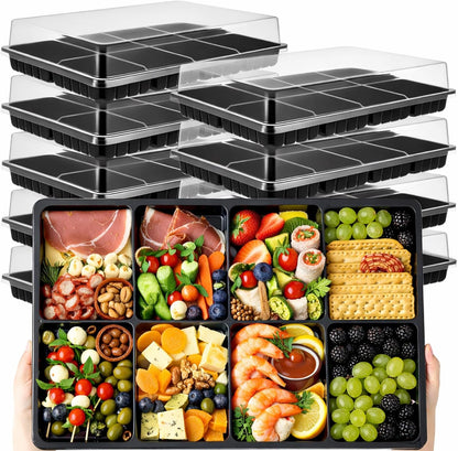 Shellwei 5 Pack 8 Compartments Divided Charcuterie Board with Lid Large 15 x 10 Inch Disposable Catering Serving Trays with Lid Reusable Plastic Serving Platter