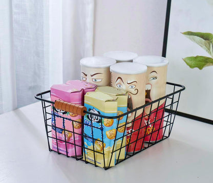 JUNCHU CHERRY Wire Kitchen Storage Basket 4 Packs,Perfect Pantry Organization Accessories Baskets,Laundry Basket,With a Wooden handle,Suitable for Kitchen,Bathroom,Bedroom,Tabletop,Stackable,Black