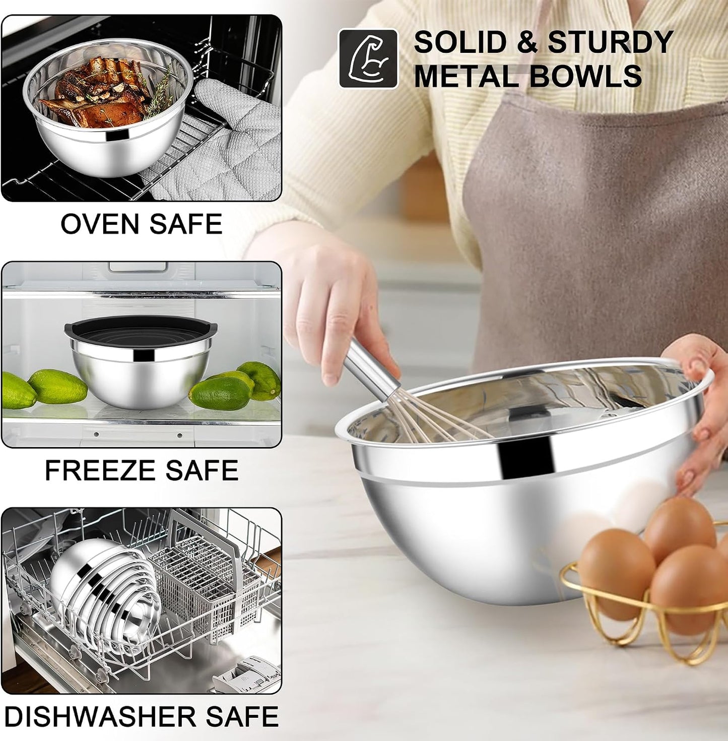 E-far Stainless Steel Mixing Bowls with Lids Set, 5-Piece Nesting Salad Bowls with 3 Grater Attachments and Non-Slip Bottoms, Size 4.6, 2.6, 2, 1.5, 1QT for Kitchen (Khaki)