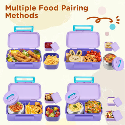 MAISON HUIS Bento Box for Kids with 8oz Soup Thermo, Insulated Lunch Bag & 17oz Water Bottle, 2-Compartment Bento Box with Built-In Ice Pack, Leak-Proof & BPA-Free (Purple)