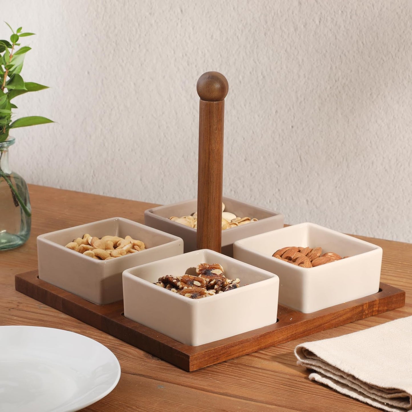 Gibson Elite 3-Section Stoneware Serving Tray with Acacia Lid – Taupe Rectangular Chip & Dip, Condiment, Snack and Appetizer Server for Parties & Entertaining