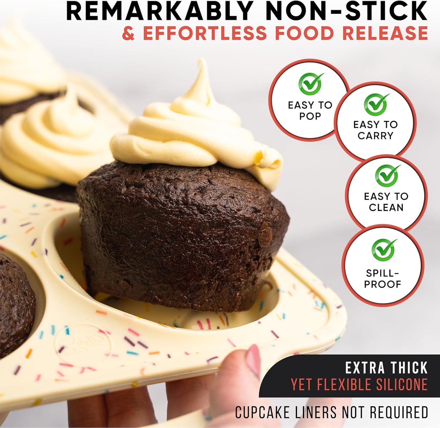 2-Pack Silicone Muffin Pan Set – Regular 12 Cup & Mini 24-Cup Silicone Muffin Pans for Baking – Nonstick Silicone Cupcake Pan with Metal-Reinforced Handles – BPA-Free, Dishwasher-Safe, Cream