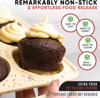 2-Pack Silicone Muffin Pan Set – Regular 12 Cup & Mini 24-Cup Silicone Muffin Pans for Baking – Nonstick Silicone Cupcake Pan with Metal-Reinforced Handles – BPA-Free, Dishwasher-Safe, Cream