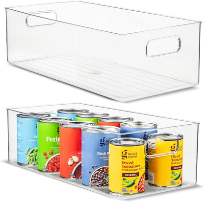 Plastic Food Storage 4 Pack Clear Container Bin with Handles for Organizing Kitchen, Pantry, Refrigerator, Freezer, Pantry, Cabinet, Closet, Bathroom. Stackable 10”x6”x3”