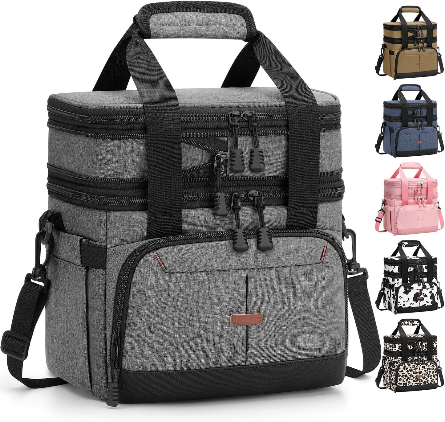 Pritent Lunch Box For Men Women Double Deck Insulated Lunch Bag For Men Woman Leakproof Expandable Cooler Bag with Adjustable Shoulder Strap for Kids Shool Work Picnic Camping(Beige,Large)