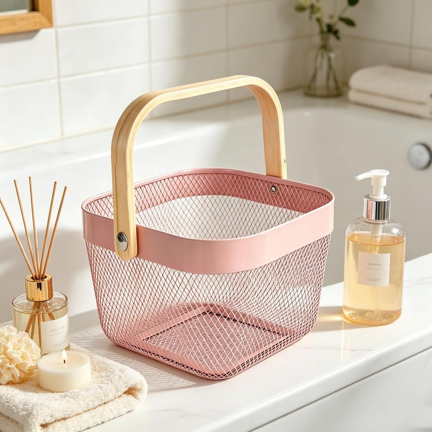 AJIODA Metal Mesh Wire Basket, Large Steel Basket with Wooden Handle Storage Organizer Basket Multi-functional Hanging Kitchen Baskets Fruit Baskets for Kitchen Bathroom Cabinet Pantry Snacks, Black