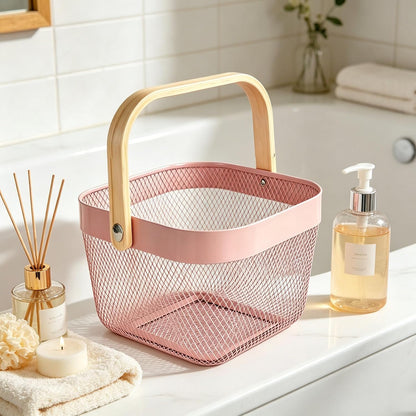 AJIODA Metal Mesh Wire Basket, Large Steel Basket with Wooden Handle Storage Organizer Basket Multi-functional Hanging Kitchen Baskets Fruit Baskets for Kitchen Bathroom Cabinet Pantry Snacks, Black