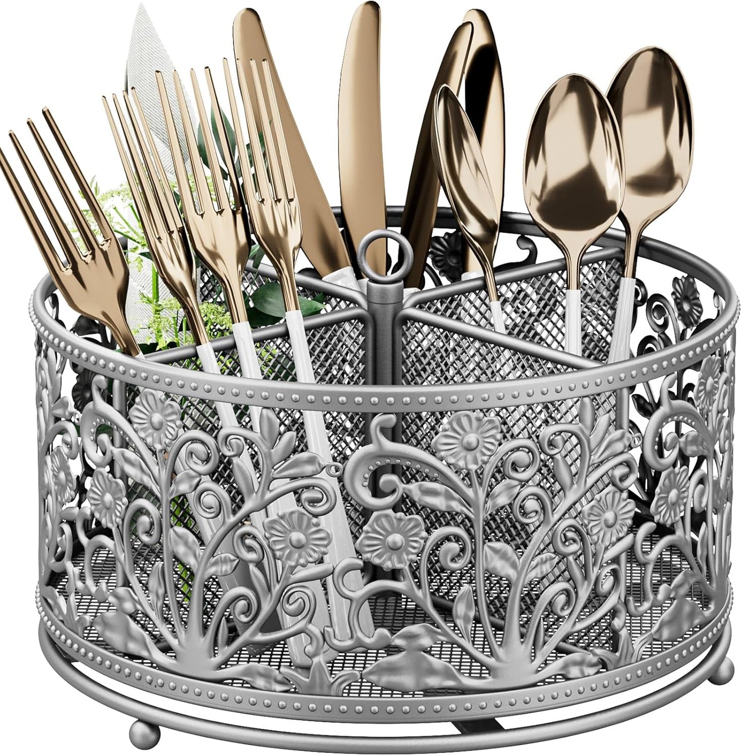 YIUKEA 360° Rotating Utensil Caddy - Silverware Cutlery Caddy Holder with 4 Compartment, Metal Flatware Organizer Countertop with Handle for Party Camping Picnic, Kitchen Counter, Office (Silver)