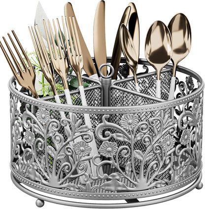 YIUKEA 360° Rotating Utensil Caddy - Silverware Cutlery Caddy Holder with 4 Compartment, Metal Flatware Organizer Countertop with Handle for Party Camping Picnic, Kitchen Counter, Office (Silver)