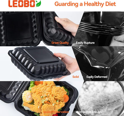 Takeout Container Mineral Filled PP Plastic - 7.8 Inch 30oz 65 Pack BPA Free 3 Compartments Shrink Wrap Bento Box | Freezer & Microwave Safe for Picnic | Black Reusable & Disposable Containers