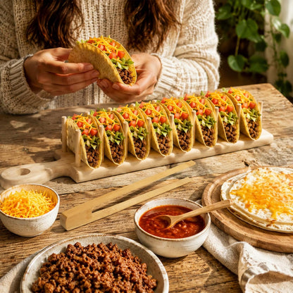 4 PCS Bamboo Taco Holder Set of Bamboo Taco Tray Tacos Tray with Tong Stand Holder Holds 8 Shells Each for Hard & Soft Shells Tacos Kitchen Serving Rack for Parties & Home