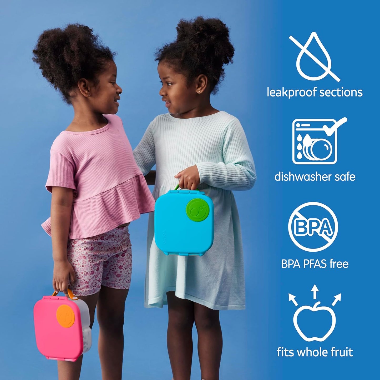 b.box Mini Lunch Box 2-Pack, Leak Proof Bento Box for Kids, 3 Compartment Snack Containers Ages 3+, Lunchbox for Daycare + School, Dishwasher Safe, BPA-Free, PFAS-Free, 4.25 Cup - Blue + Green