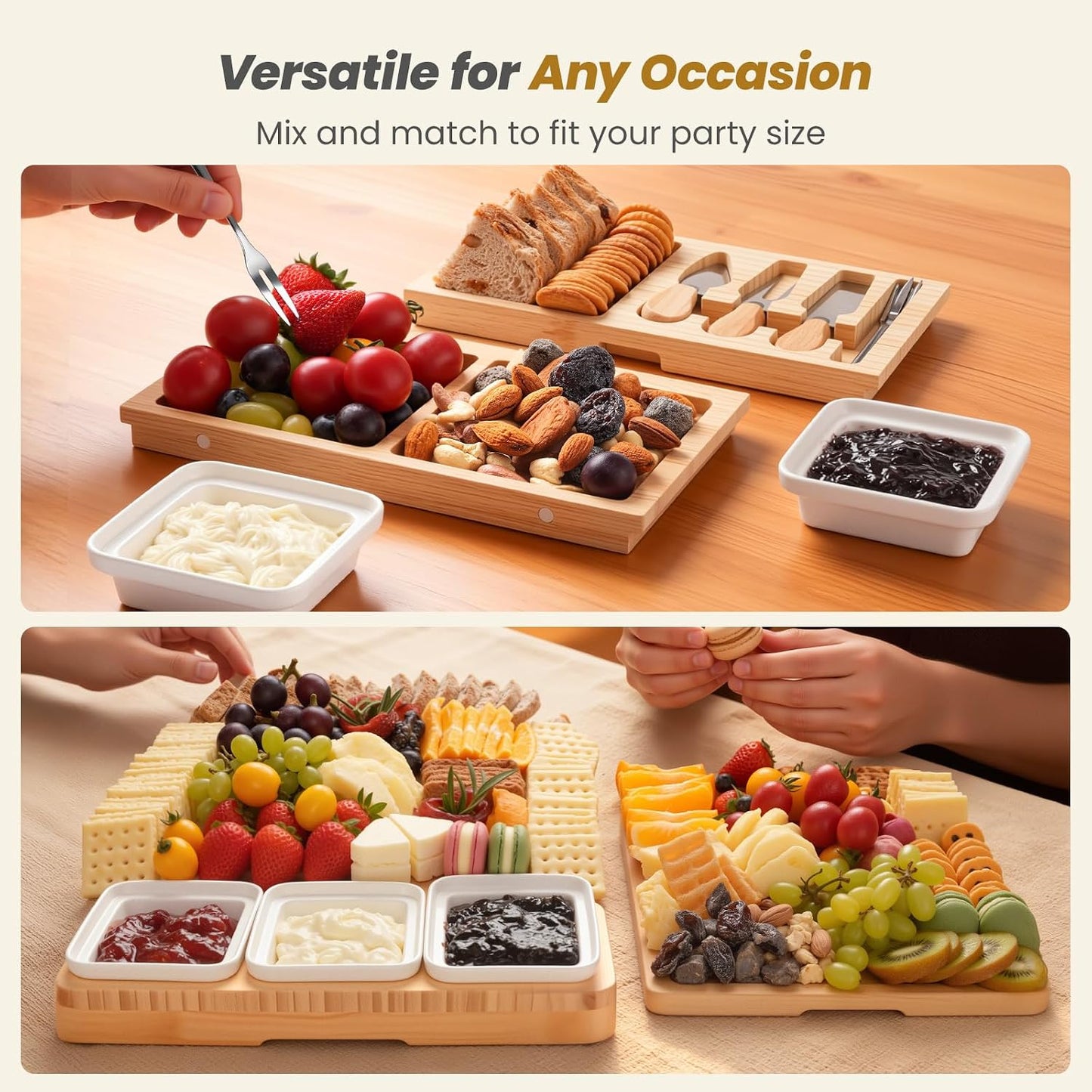 Large Charcuterie Board Set with Knife Set, 12.6" × 11.2" Square Fruit Tray, Bamboo Cheese Platter (Double-Drawer), Great for Group Gatherings, House Warming Gifts New Home, Birthday Gifts for Women